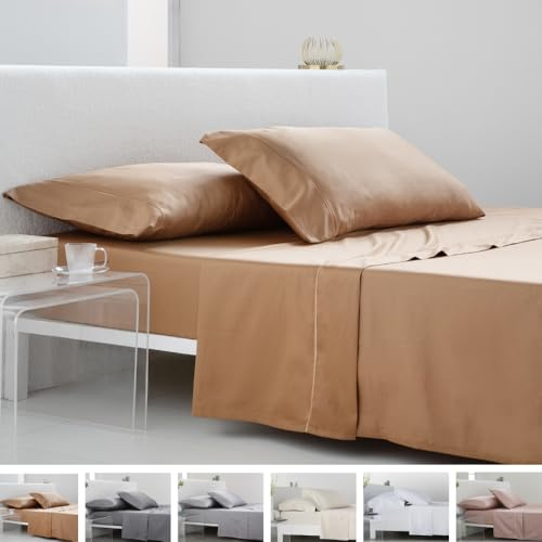 COTTON ARTean Parure de lit 160 x 190/200 cm en satin coton égyptien 300 fils Terre cuite - Drap plat + 2 taies d'oreiller + drap-housse ajustable 160 x 190/200 cm - 4 pièces