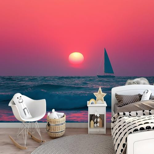 Wallpaper Red Sunset with Sailboat Wallpaper 3D Effect Red Mural Living Room Fireplace Feature Wall Bedroom Children's Room Kitchen Concealer Dirt erasable 250 x 175 cm