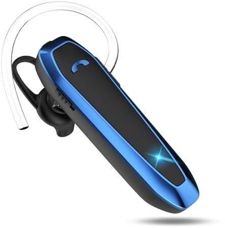 Bluetooth Headset, V5.3 Wireless Handsfree Earpiece with Noise Cancelling Mic, 33 Hours Talking Time, Single Ear Headset Compatible with iPhone Android Cell Phones for Driving Business（Blue）