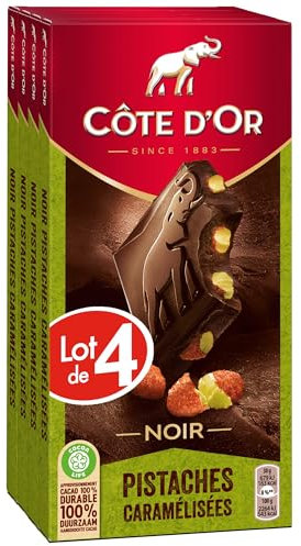CÔTE D'OR - 4 Tablettes Côte d'Or Bloc Chocolat Noir et Pistaches Caramélisées 180g - Chocolat Noir et Pistaches Caramélisées - Lot de Tablettes de Chocolat - Lot de 4x180g