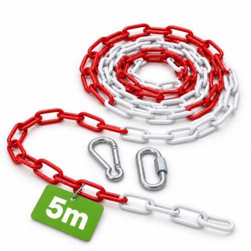 Ferropro Absperrkette Ø6mm x 5m rot weiß Metall - Stahlkette verzinkt - inkl. 1x Notglied & Karabiner