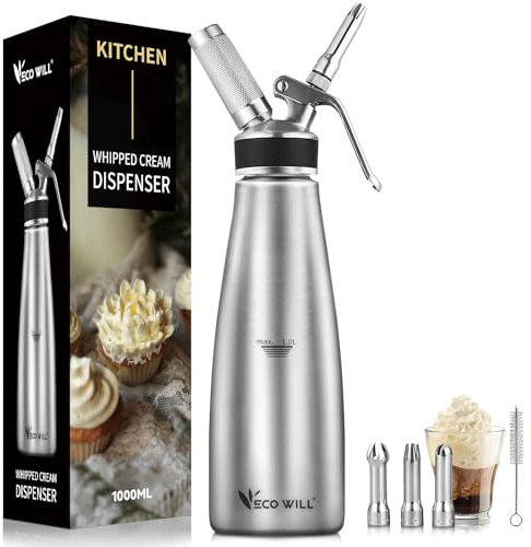 ECO-WILL Stainless Steel Whipped Cream Dispenser, 1L Capacity, Includes 3 Stainless Steel Nozzles and Cleaning Brush, Professional Grade Cream Whipper for Home and Commercial Use