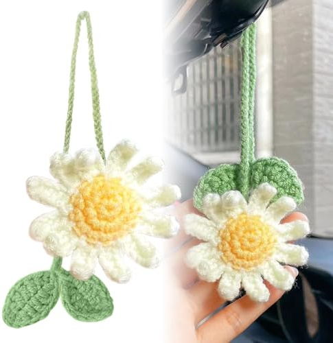 Auto Zubehör Innenraum, Auto Anhänger Häkeln Gänseblümchen, Auto Deko Innenraum, Handgestrickter Anhänger Zubehör, Autospiegel Anhänger, für Autospiegel, Türen, Zuhause, Büro