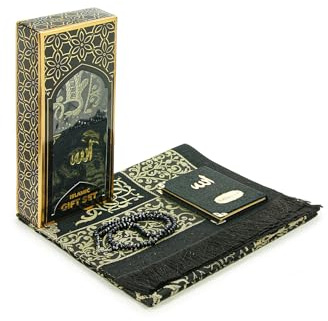 ihvan online Taffeta Fabric Muslim Prayer Rug & Velvet Covered Yaseen Surah Pocket-Size Book & Crystal Prayer Beads Set with Kraft Boxed, Perfect Islamic Ramadan Eid Gifts, Black - Gold
