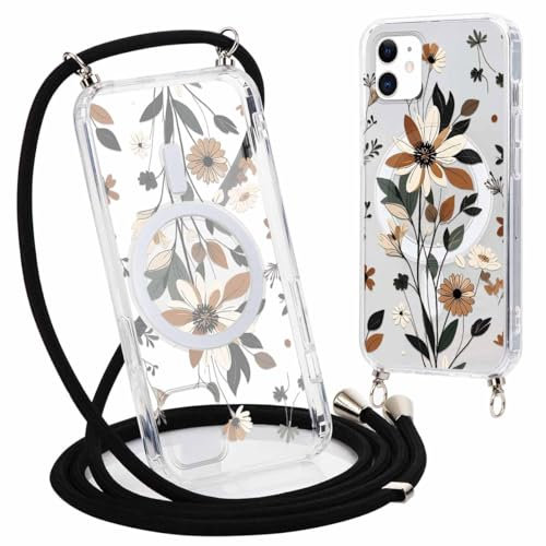 Yirlbey Handyband Handyhülle für iPhone 12 Mini Hülle mit Band, Kompatibel mit MagSafe, Aesthetic Blumen Muster Cover, Transparent Silikon Schutzhülle mit Kordel Case für iPhone 12 Mini 5,4, Flower