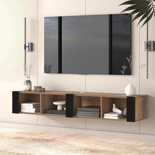 Uniqtrio Floating TV Unit, Wall Mounted TV Cabinet, Floating Shelves, Modern Entertainment Media Console Center Large Storage TV Bench for Living Room & Office & Bedroom (Walnut)