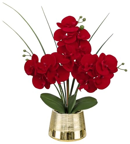 Oairse Orchidea artificiale rossa da 40 cm, fiore artificiale in vasi di ceramica, seta Phalaenopsis effetto reale al tatto con 14 fiori, pianta di orchidee finte per casa, cucina, bagno, tavolo
