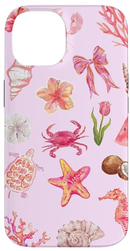 Summer Coastal Coquette Preppy Seashell Ocean & Pink Bow Hülle für iPhone 14