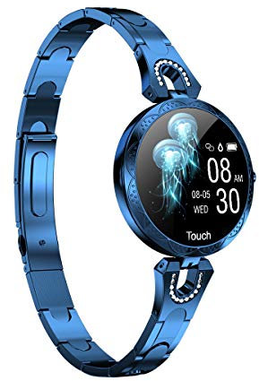Reloj inteligente para mujer compatible con teléfonos iPhone, Samsung, Android, iOS. Pulsera inteligente con ciclo menstrual femenino, frecuencia cardíaca, presión arterial, fotografía remota (azul)