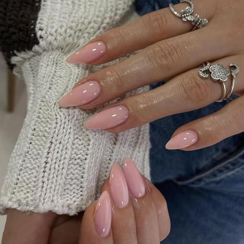 24pcs Almond False Nails -Nude Pink Press On Nails Long - Solid Color Fake Nails With Glue - Reusable Acrylic nails Press On - Glossy Gel Stiletto Glue On Stick On nails For Women