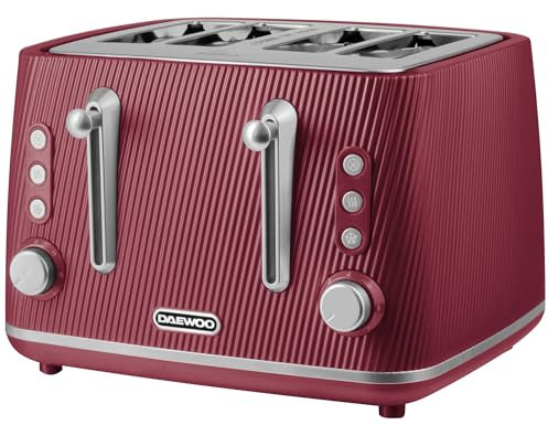 Daewoo Cascade 4 Slice Toaster – Ruby Ribbed Finish, Dual Independent Controls, Adjustable Browning, Cancel, Reheat & Defrost Functions, Removable Crumb Trays