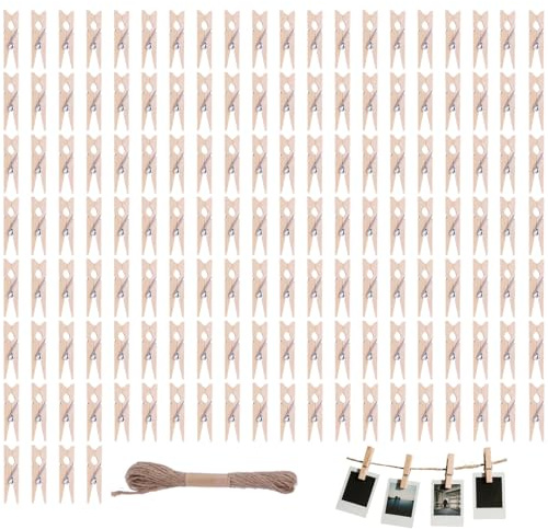 Lot de 150 Mini Pinces À Linge en Bois Naturel De 3,5 Cm avec Ficelle De Jute De 10 Mètres – Idéal pour Accrocher Photos, Cartes Postales, Vêtements Et Décorations DIY Mini Epingle en Bois