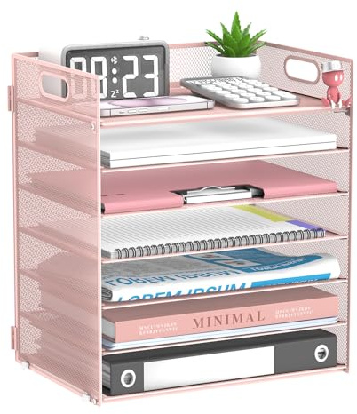 SUPEASY 7 Tier Mesh Desk Organiser Letter Tray with Handle, Pink | Mesh desk file organiser with seven A4 trays for organising documents, letters and folders at home, office or school