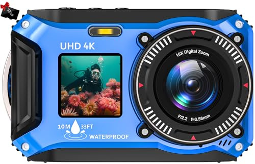 Digital Camera, Yixinxin Underwater Camera 4K 64MP Autofocus Dual-Screen Selfie with 32GB Card 33FT Waterproof Camera for Snorkeling Point and Shoot Digital
