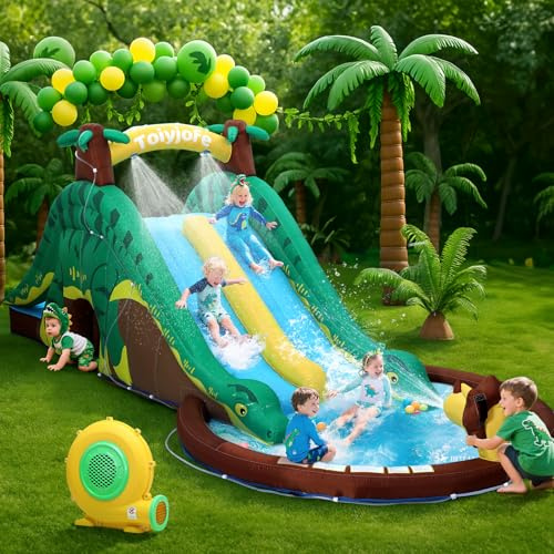 Dinosaur Water Slide Bounce House, Dual Slides & Splash Pool, Ages 3-10