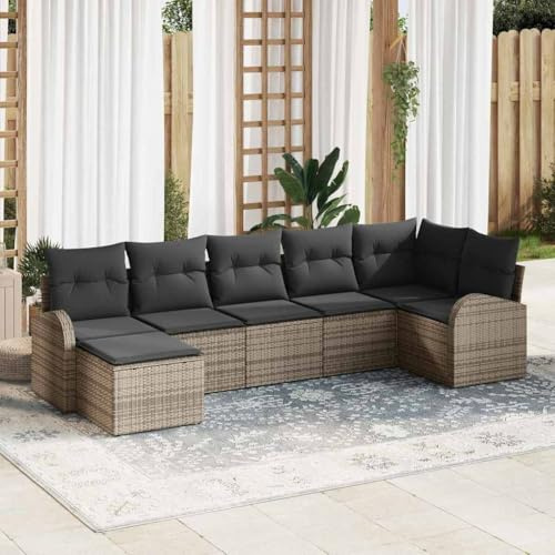Owoxanthellate Gartenmöbel 7tlg Gartensofa Set Grau Poly Rattan Modular Lounge wetterfest mit Kissen Eckbank und Ottomane 55 cm Sitztiefe Outdoor for Balkon Terrasse Garten