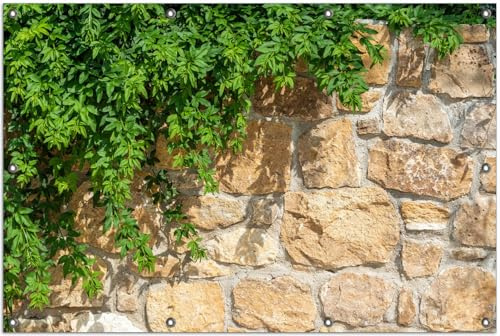 Wallario Outdoor-Poster für Garten oder Balkon Natursteinwand mit Ranken, Motivbanner Größe: ca. 100 x 150 cm, Outdoor-Bild