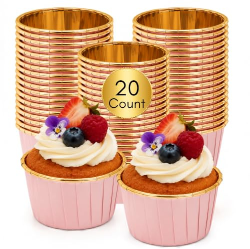 Gold Rim Foil Cupcake Cases 3×3.8cm Greaseproof Muffin Liners | 20 Pack | Greaseproof foil liners · holds shape, no wrapper needed · weddings, birthdays, parties · Pink Gold