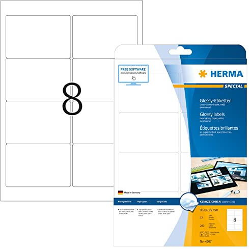 HERMA 4907 Hochglanz Etiketten, 25 Blatt, 96 x 63,5 mm, 8 pro A4 Bogen, 200 Stück, selbstklebend, bedruckbar, glänzend, blanko Glossy Papier Klebeetiketten Aufkleber, weiß