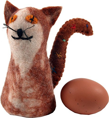 GURU SHOP Filz Eierwärmer, Handgemachte Filzdekoration aus Nepal, Filztier - Katze, Braun, 15x7x7 cm, Küchenaccessoires, Sonstiges