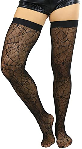 ToBeInStyle Women’s Spiderweb & Crawling Spider Print Hosiery Tights & Thigh High Stockings - Fine Fishnet Shaded Organic Web Black - One Size Plus
