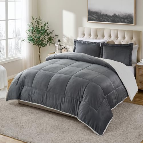 Cathay Home Queen Comforter Set: Ultra Soft and Plush Reversible Micromink and Sherpa 3-Piece Bedding Set, Pewter, Queen (90 x 90)
