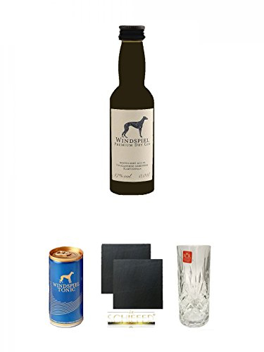 Windspiel Premium Dry Gin Deutschland Miniatur 0,04 Liter + Windspiel Tonic Water 0,2l Dose 1 Stück + Schiefer Glasuntersetzer eckig ca. 9,5 cm Ø 2 Stück + Windspiel Hi-Ball Glas 1 Stück 350 ml