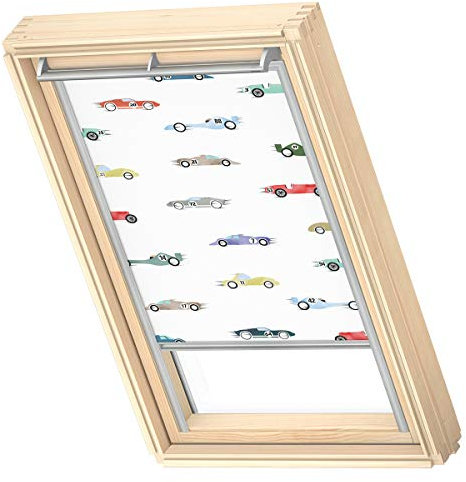 VELUX Original Dachfenster Verdunkelungsrollo für UK08, Rennautos, mit Grauer Führungsschiene