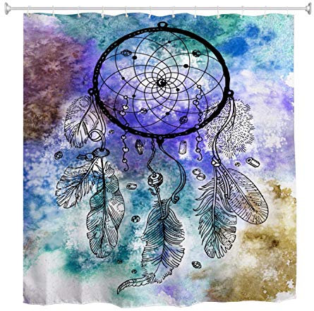 A.Monamour Duschvorhang Aquarell Handzeichnung Dreamcatcher Tribal Ethnischen Boho Hippie Kunst Dekor Bild Wasserdichtem Polyester Duschvorhang Mit Haken Für Badezimmer 180 X 200 cm / 72 X 78