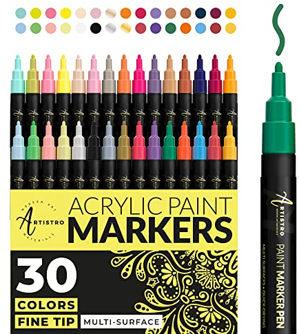 Acrylstifte, Acryl Stifte zum Bemalen von Steinen, Felsen, Keramik, Glas, Holz, Tassen, Metall, Stoff, Leinwand DI - 30 Acryl Marker, 22 Grundfarben, 5 Pastell, 3 Metallic, Feine Spitze 0,7mm
