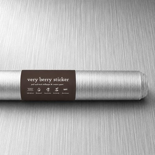 Very Berry Sticker Brushed Silver Peel and Stick Wallpaper (24 x 118) Metallic Contact Paper for Luxury Home Decor Furniture & Walls, Renter Friendly, Self-Adhesive, Waterproof Vinyl