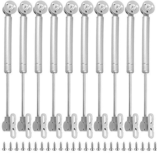 HAKZEON 10 Stück hydraulische Stützschrankscharniere, 100 N/10,2 kg Gasdruckfeder für Schränke mit 50 Befestigungsschrauben, Türheberstütze, Gasfeder, Küchenschrank-Scharniere, Silber
