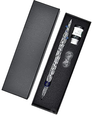 SIPLIV Stylo plume en verre fait à la main avec encre en cristal d'orchidée - Stylo de calligraphie - Décoration de bureau - Bleu