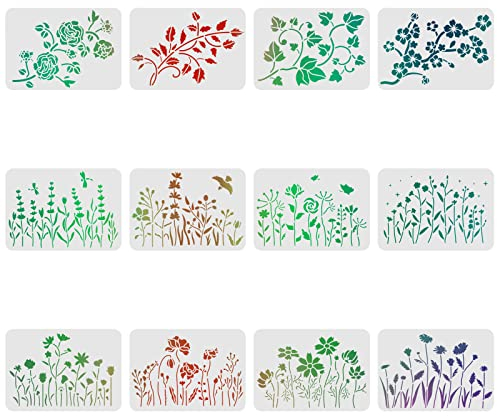 FINGERINSPIRE 12 Stück Wildblumen Schablonen zum Zeichnen 29,7 x 21 cm Kunststoff Malvorlagen Schablonen, Kirschblüten Vorlagen Sets zum Malen auf Holz, Boden, Wand und Fliesen