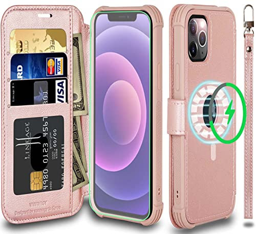 VANAVAGY Compatible with iPhone 12/iPhone 12 Pro Wallet Case for Magsafe,Leather Flip Folio Wrist [Screen Protector Included][Magsafe and Wireless Charging] with RFID Block Card Holder,Rose Gold