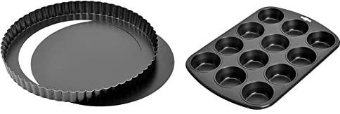 ORIGINAL KAISER Classic Tarteform mit Hebeboden 28 cm, Quicheform antihaftbeschichtet & Inspiration Muffinform Blech für 12 Muffins, Muffin Backblech 38 x 27 cm, beschichtet, Standardgröße
