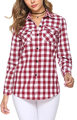 Irevial Damen Kariertes Bluse Casual Karohemd Button-down Langarmshirt Boyfriend-Stil Baumwolle Hemdbluse Plaid Shirt für Frühling und Herbst Rot XXL