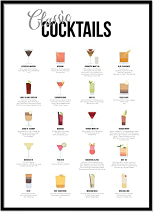 Classic Cocktails Print A4 Print Only Home Bar Framed Wall Art Drink Recipe Kitchen Wall Art 21 X 29.7cm (8.3x11.7inch)