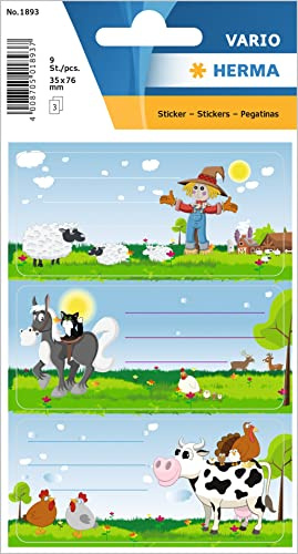 HERMA 1893 Buchetiketten zum Beschriften Kleine Farm, 9 Stück, 76 x 35 mm, selbstklebend, liniert, Buchaufkleber für Schule Kinder Mädchen Jungen, mehrfarbige Heftetiketten Aufkleber, bunt