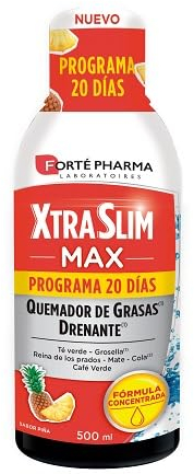 XtraSlim Max es un complemento alimenticio a base de té verde, grosella, mate, reina de los prados, cola y café verde