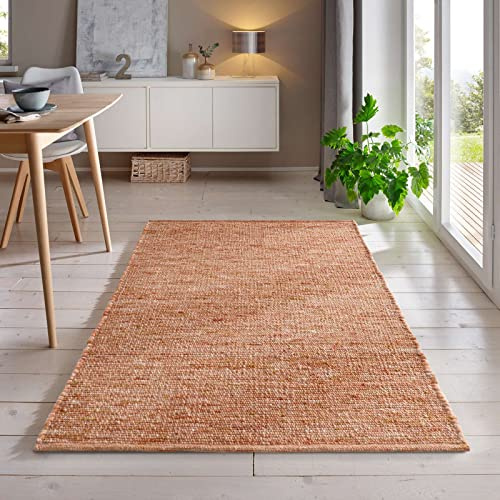 Handweb-Teppich aus Schurwolle in Skandinavischem Landhaus Design in vielen aktuellen Farben für Wohnzimmer, Esszimmer, Schlafzimmer, Flur, auch als Läufer beidseitig verwendbar terracotta 070x130 cm