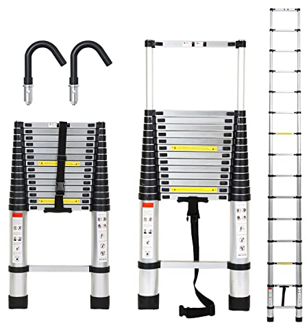 Joparri Scala telescopica in alluminio con gancio rimovibile 4,4 m, allungabile, in alluminio, antiscivolo, portata 150 kg, colore silver