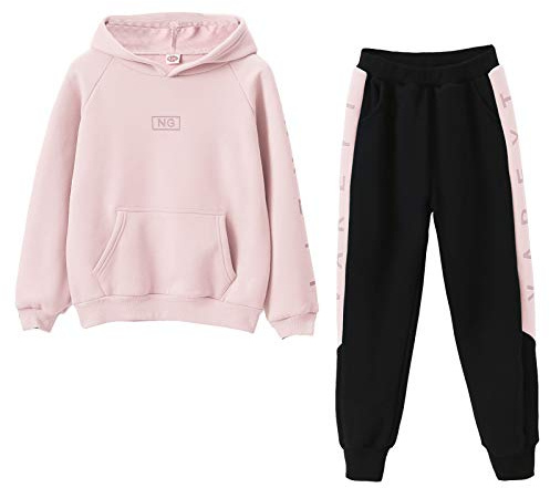 Amur Leopard Survêtement Enfant Fille Costume Jogging de 2 Pièces Sweat à Capuche + Pantalons Jogging Ensemble de Sport de Loisirs Automne, Rose, 150/11-12 Ans