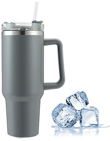 VBLL Vaso de 40 onzas con tapa, popote y asa, taza de acero inoxidable al vacío de doble pared, taza de café termo para bebidas frías y calientes, taza de viaje aislada