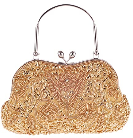 Egurs Abendtasche Damen Elegant Handtasche Vintage Perlen Pailletten Clutch Handtasche Schultertasche Abschlussball Taschen Brauttasche Hochzeit Braut Party Zubehör Gold