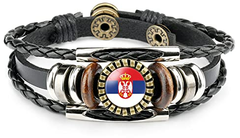 LODMLOER Serbien-Flagge-Armband Für Damen/Herren – Mehrschichtiges Geflochtenes Leder-Charme-Armband Mit Cabochon,Nationales Unisex-Flagge-Pride-Armband-Armband,Schmuck,Geschenke,Flagge,18,20 cm