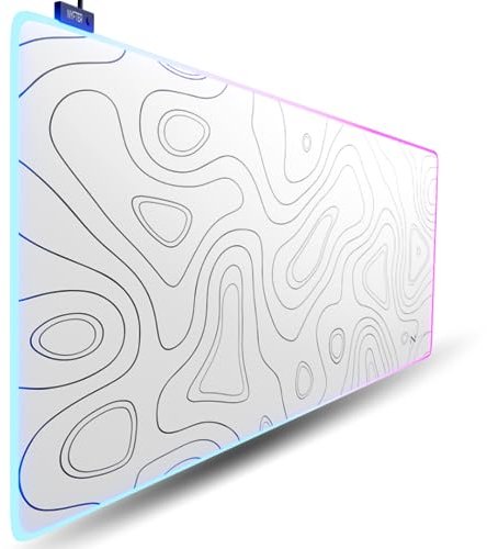 Nyfter Tapis de Souris de Jeu XXL Blanc Noir au Design topographique - 900 x 500 mm (Topo Blanc RGB)