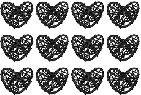 sourcing map 12 Stück Herz Deko Rattan Deko, 5 cm Fensterdeko Hängend Styropor Herz Kranz Natürlich Wicker Türdeko Haustür für Valentinstag Dekoration Hochzeit, Schwarz
