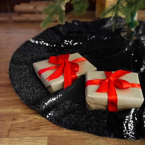 Y-KINZ Gonne per Alberi di Natale con paillettes - Gonna Albero di Natale,Grande Tappeto per Albero, Decorazioni Natalizie, per il Ringraziamento, il Natale (Nero,90cm)