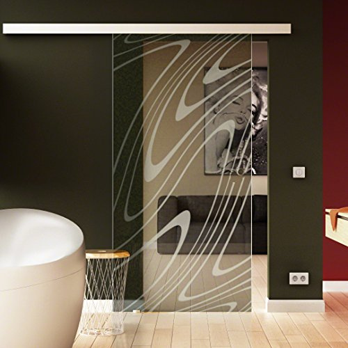 Made in Germany SoftClose Schiebetür aus Glas 650x2050 mm Wasser-Design (invers) Sadora® SlimLine-System komplett Laufschiene und Muschelgriffen für Innenbereich ESG-Sicherheitsglas